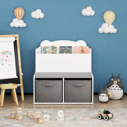 Kids Bookshelf with Storage Bins - Wooden Bookcase with Book Display Shelf and 2 Fabric Bins, Cute Bear - Shaped Backboard, Toy Organizer Toddlers and Children, White and Gray