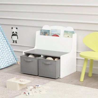 Kids Bookshelf with Storage Bins - Wooden Bookcase with Book Display Shelf and 2 Fabric Bins, Cute Bear - Shaped Backboard, Toy Organizer Toddlers and Children, White and Gray