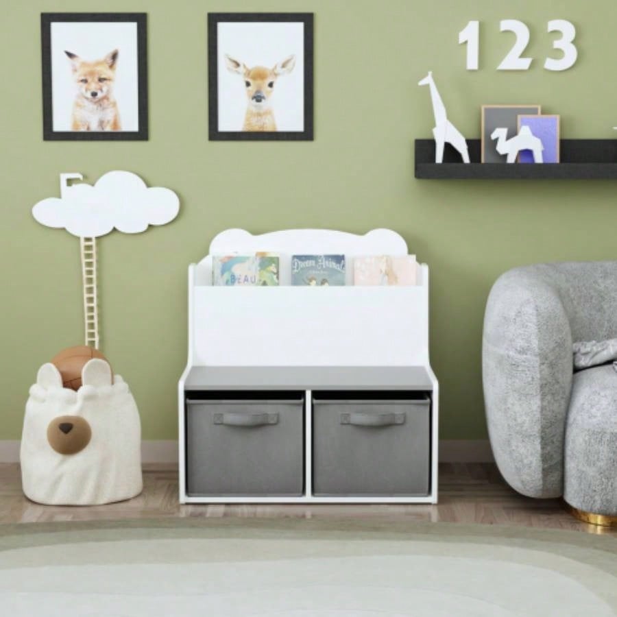 Kids Bookshelf with Storage Bins - Wooden Bookcase with Book Display Shelf and 2 Fabric Bins, Cute Bear - Shaped Backboard, Toy Organizer Toddlers and Children, White and Gray