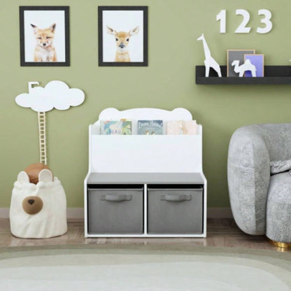 Kids Bookshelf with Storage Bins - Wooden Bookcase with Book Display Shelf and 2 Fabric Bins, Cute Bear - Shaped Backboard, Toy Organizer Toddlers and Children, White and Gray