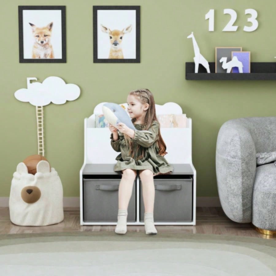 Kids Bookshelf with Storage Bins - Wooden Bookcase with Book Display Shelf and 2 Fabric Bins, Cute Bear - Shaped Backboard, Toy Organizer Toddlers and Children, White and Gray