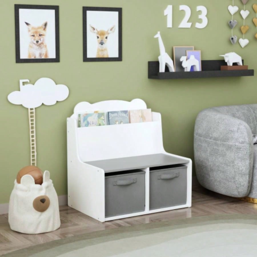Kids Bookshelf with Storage Bins - Wooden Bookcase with Book Display Shelf and 2 Fabric Bins, Cute Bear - Shaped Backboard, Toy Organizer Toddlers and Children, White and Gray
