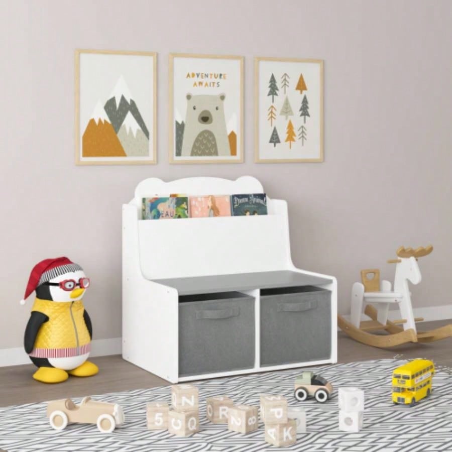 Kids Bookshelf with Storage Bins - Wooden Bookcase with Book Display Shelf and 2 Fabric Bins, Cute Bear - Shaped Backboard, Toy Organizer Toddlers and Children, White and Gray