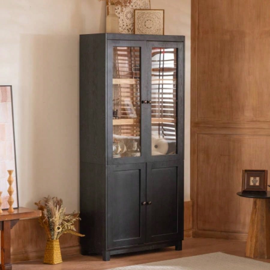 74.5H Ash Wood Grain Display Cabinet Bookcase with Storage, Pantry with Glass Doors Adjustable Shelves, Mid - Modern Bookshelf Curio Cabinet Hallways, Livingroom Kitchen Office - Black