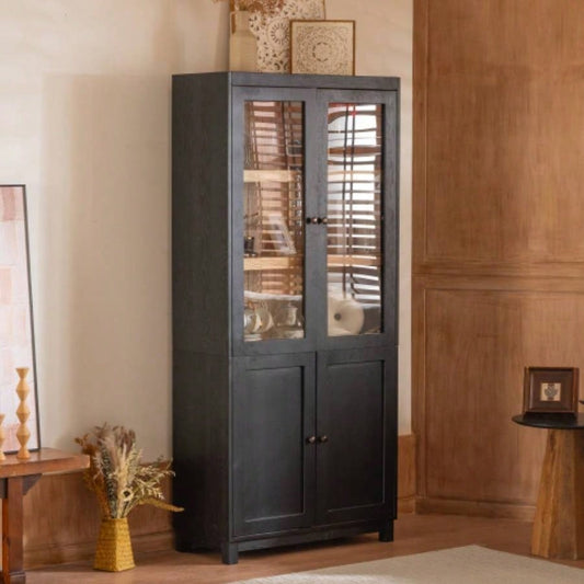 74.5H Ash Wood Grain Display Cabinet Bookcase with Storage, Pantry with Glass Doors Adjustable Shelves, Mid - Modern Bookshelf Curio Cabinet Hallways, Livingroom Kitchen Office - Black