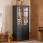 74.5H Ash Wood Grain Display Cabinet Bookcase with Storage, Pantry with Glass Doors Adjustable Shelves, Mid - Modern Bookshelf Curio Cabinet Hallways, Livingroom Kitchen Office - Black