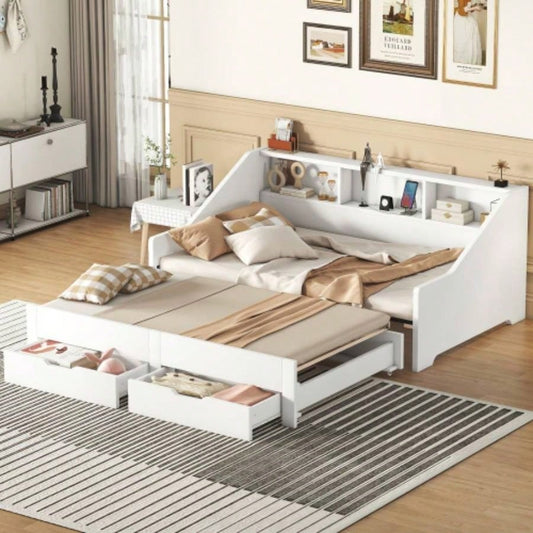 Twin to King Size Daybed Frame with Storage Bookcases and Two Drawers, Charging Design, White