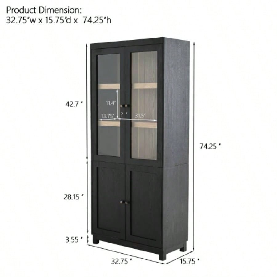 74.5H Ash Wood Grain Display Cabinet Bookcase with Storage, Pantry with Glass Doors Adjustable Shelves, Mid - Modern Bookshelf Curio Cabinet Hallways, Livingroom Kitchen Office - Black