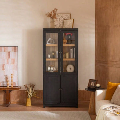 74.5H Ash Wood Grain Display Cabinet Bookcase with Storage, Pantry with Glass Doors Adjustable Shelves, Mid - Modern Bookshelf Curio Cabinet Hallways, Livingroom Kitchen Office - Black