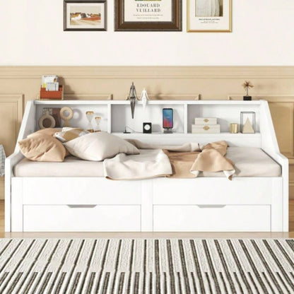 Twin to King Size Daybed Frame with Storage Bookcases and Two Drawers, Charging Design, White