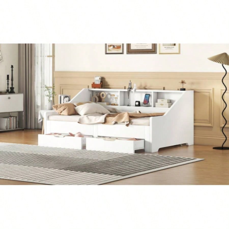 Twin to King Size Daybed Frame with Storage Bookcases and Two Drawers, Charging Design, White