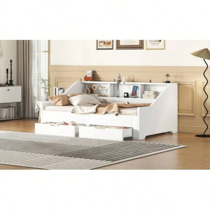 Twin to King Size Daybed Frame with Storage Bookcases and Two Drawers, Charging Design, White