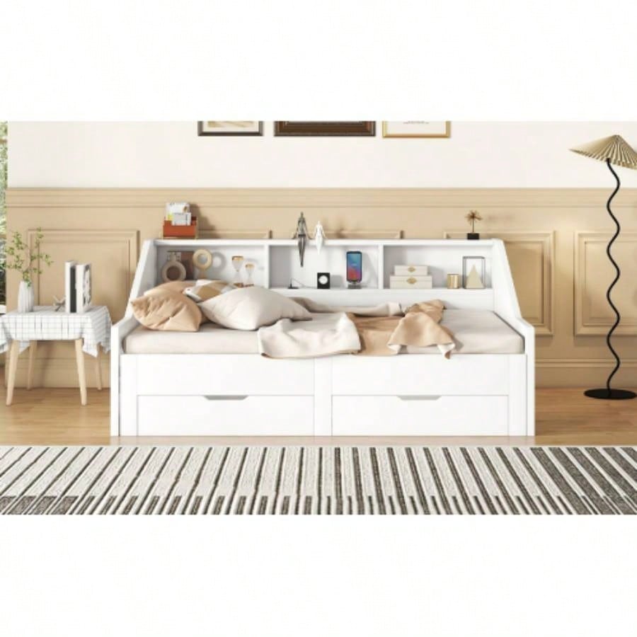Twin to King Size Daybed Frame with Storage Bookcases and Two Drawers, Charging Design, White