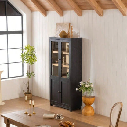 74.5H Ash Wood Grain Display Cabinet Bookcase with Storage, Pantry with Glass Doors Adjustable Shelves, Mid - Modern Bookshelf Curio Cabinet Hallways, Livingroom Kitchen Office - Black