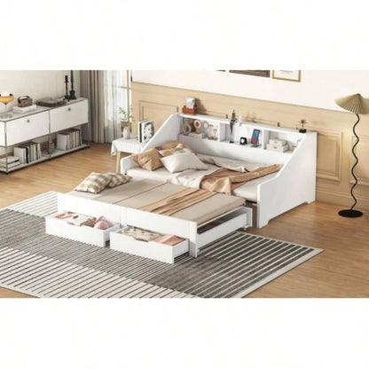 Twin to King Size Daybed Frame with Storage Bookcases and Two Drawers, Charging Design, White