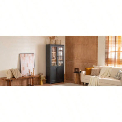 74.5H Ash Wood Grain Display Cabinet Bookcase with Storage, Pantry with Glass Doors Adjustable Shelves, Mid - Modern Bookshelf Curio Cabinet Hallways, Livingroom Kitchen Office - Black