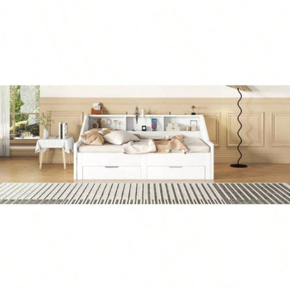 Twin to King Size Daybed Frame with Storage Bookcases and Two Drawers, Charging Design, White