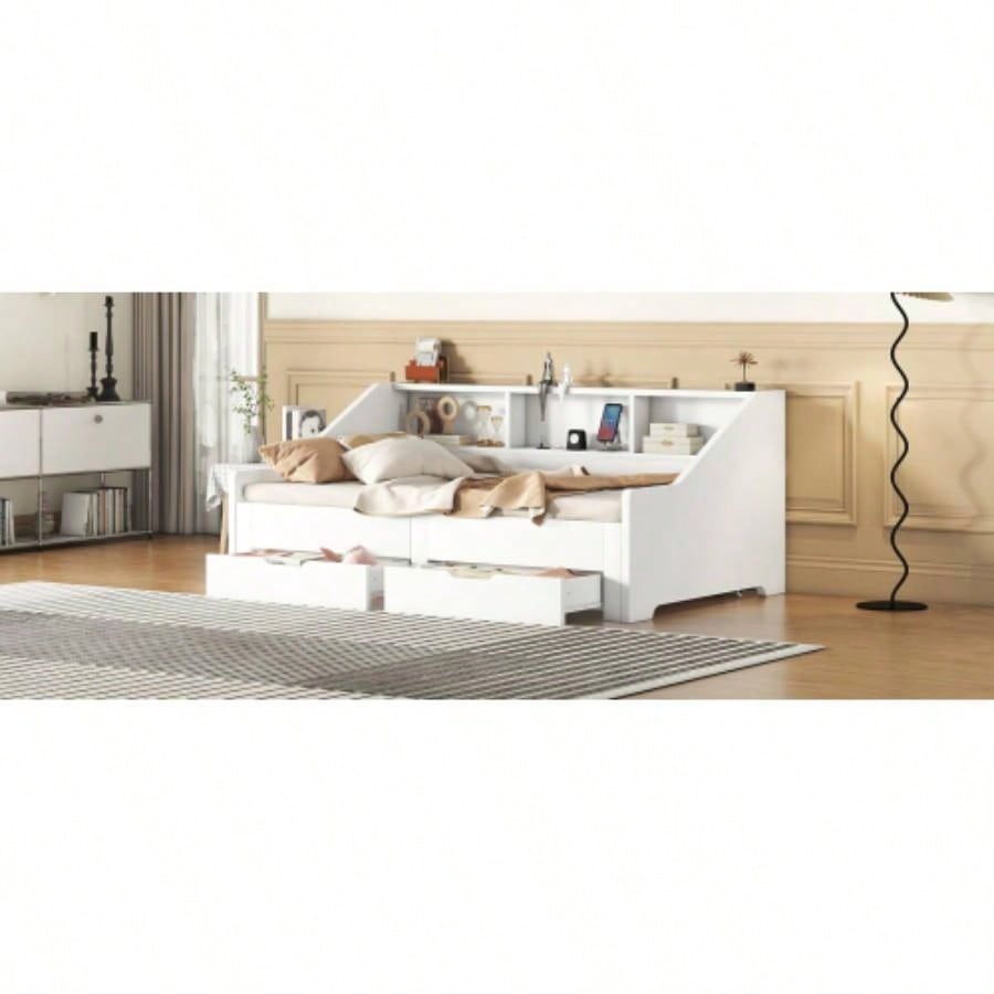 Twin to King Size Daybed Frame with Storage Bookcases and Two Drawers, Charging Design, White