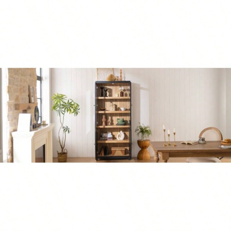 74.5H Ash Wood Grain Display Cabinet Bookcase with Storage, Pantry with Glass Doors Adjustable Shelves, Mid - Modern Bookshelf Curio Cabinet Hallways, Livingroom Kitchen Office - Black