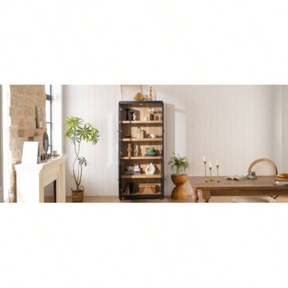74.5H Ash Wood Grain Display Cabinet Bookcase with Storage, Pantry with Glass Doors Adjustable Shelves, Mid - Modern Bookshelf Curio Cabinet Hallways, Livingroom Kitchen Office - Black