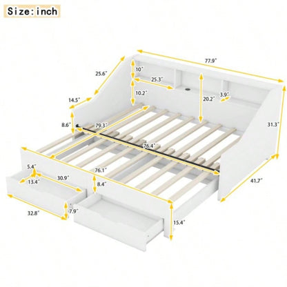 Twin to King Size Daybed Frame with Storage Bookcases and Two Drawers, Charging Design, White