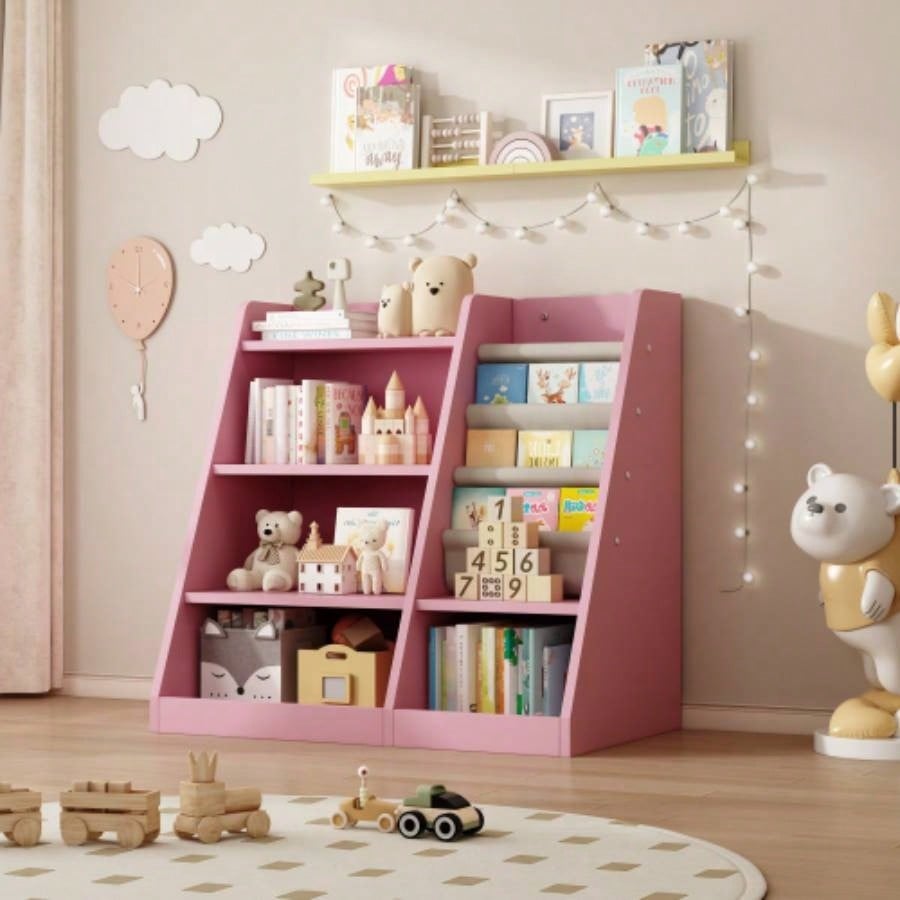 Pink Wooden Toy Storage Organizer Cabinet Kids Bookshelf Children Bookcase Toddler Sling Book Rack Shelf Playroom Bedroom Nursery Hallway School Kindergarten Living Room