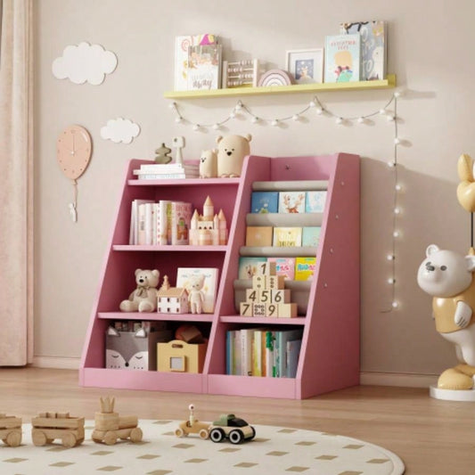 Pink Wooden Toy Storage Organizer Cabinet Kids Bookshelf Children Bookcase Toddler Sling Book Rack Shelf Playroom Bedroom Nursery Hallway School Kindergarten Living Room