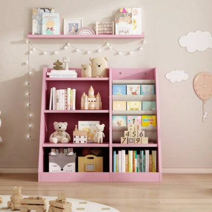 Pink Wooden Toy Storage Organizer Cabinet Kids Bookshelf Children Bookcase Toddler Sling Book Rack Shelf Playroom Bedroom Nursery Hallway School Kindergarten Living Room