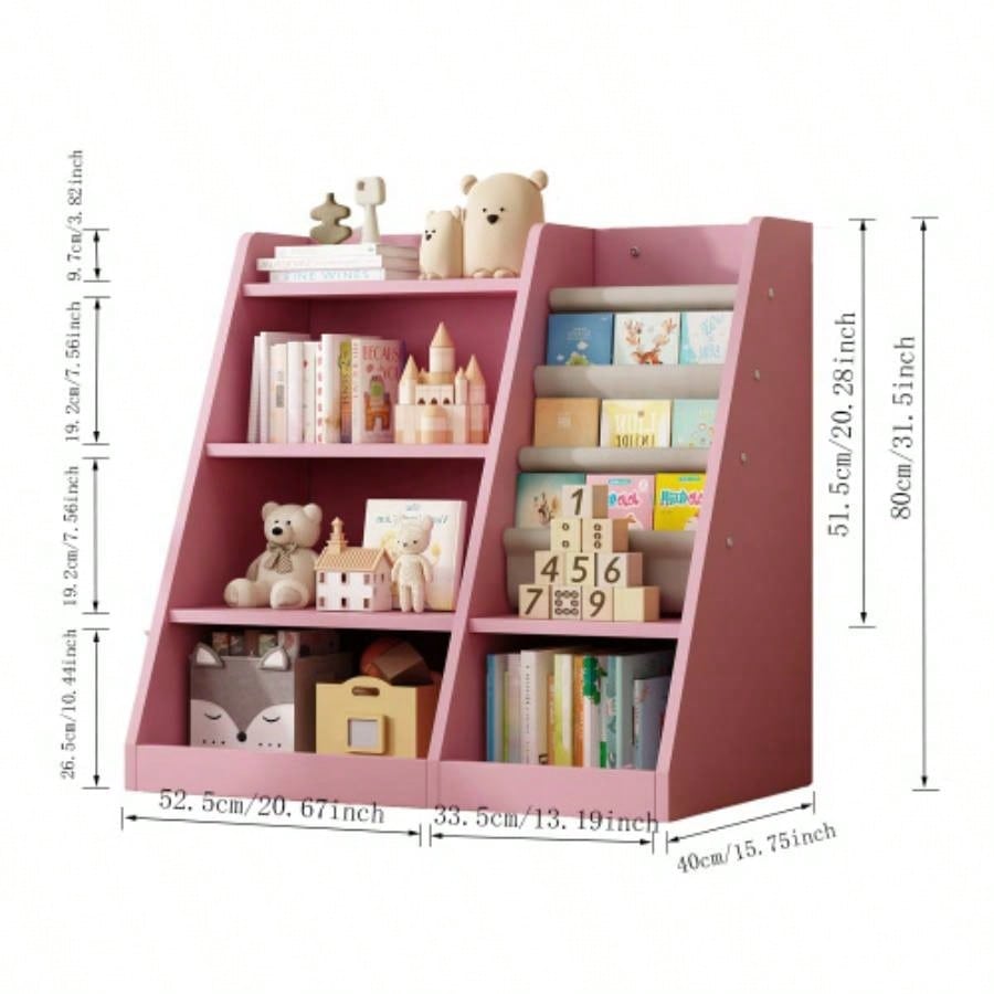 Pink Wooden Toy Storage Organizer Cabinet Kids Bookshelf Children Bookcase Toddler Sling Book Rack Shelf Playroom Bedroom Nursery Hallway School Kindergarten Living Room
