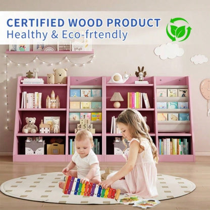 Pink Wooden Toy Storage Organizer Cabinet Kids Bookshelf Children Bookcase Toddler Sling Book Rack Shelf Playroom Bedroom Nursery Hallway School Kindergarten Living Room