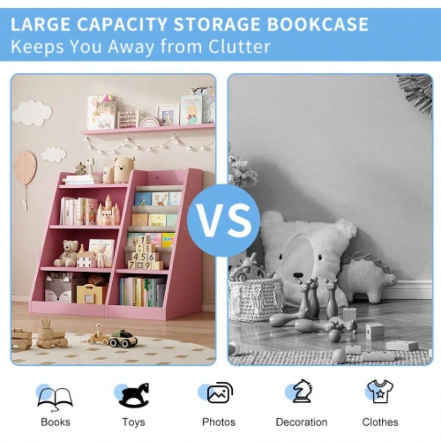 Pink Wooden Toy Storage Organizer Cabinet Kids Bookshelf Children Bookcase Toddler Sling Book Rack Shelf Playroom Bedroom Nursery Hallway School Kindergarten Living Room