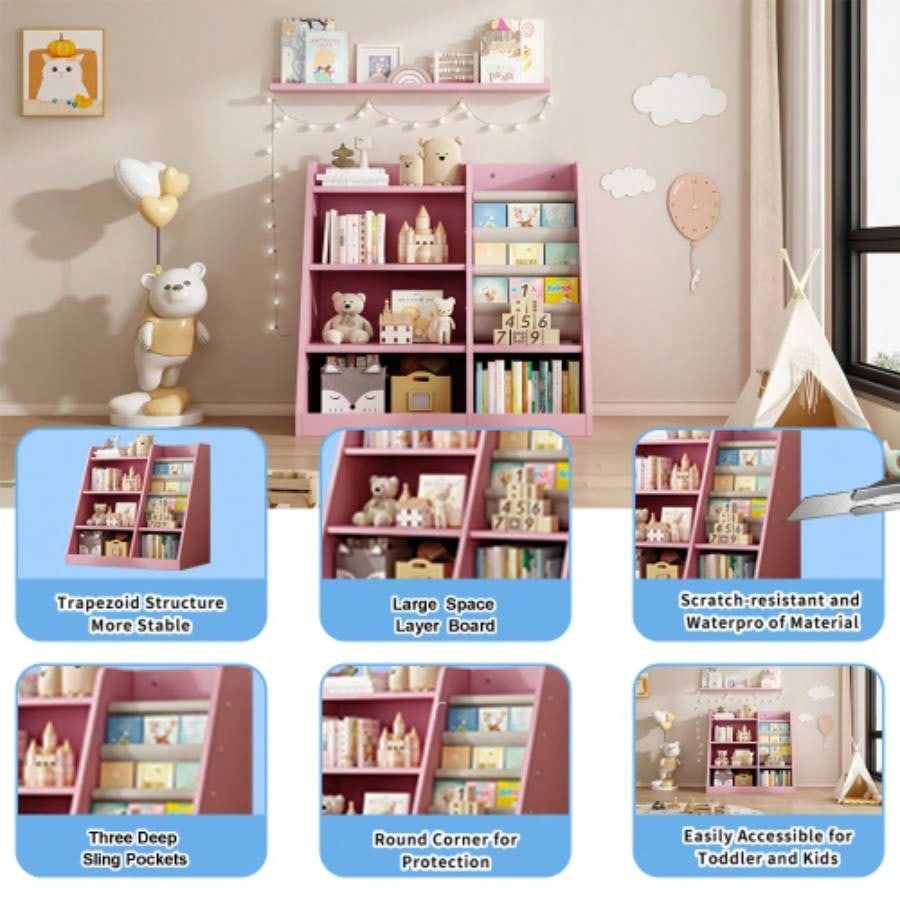 Pink Wooden Toy Storage Organizer Cabinet Kids Bookshelf Children Bookcase Toddler Sling Book Rack Shelf Playroom Bedroom Nursery Hallway School Kindergarten Living Room