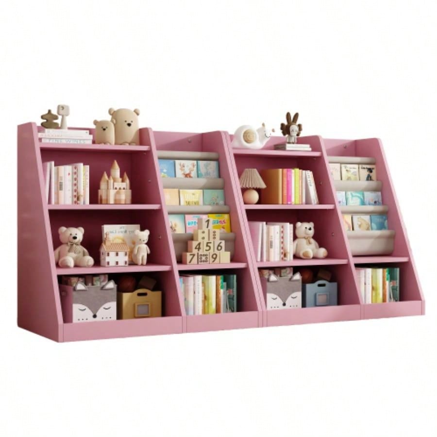 Pink Wooden Toy Storage Organizer Cabinet Kids Bookshelf Children Bookcase Toddler Sling Book Rack Shelf Playroom Bedroom Nursery Hallway School Kindergarten Living Room