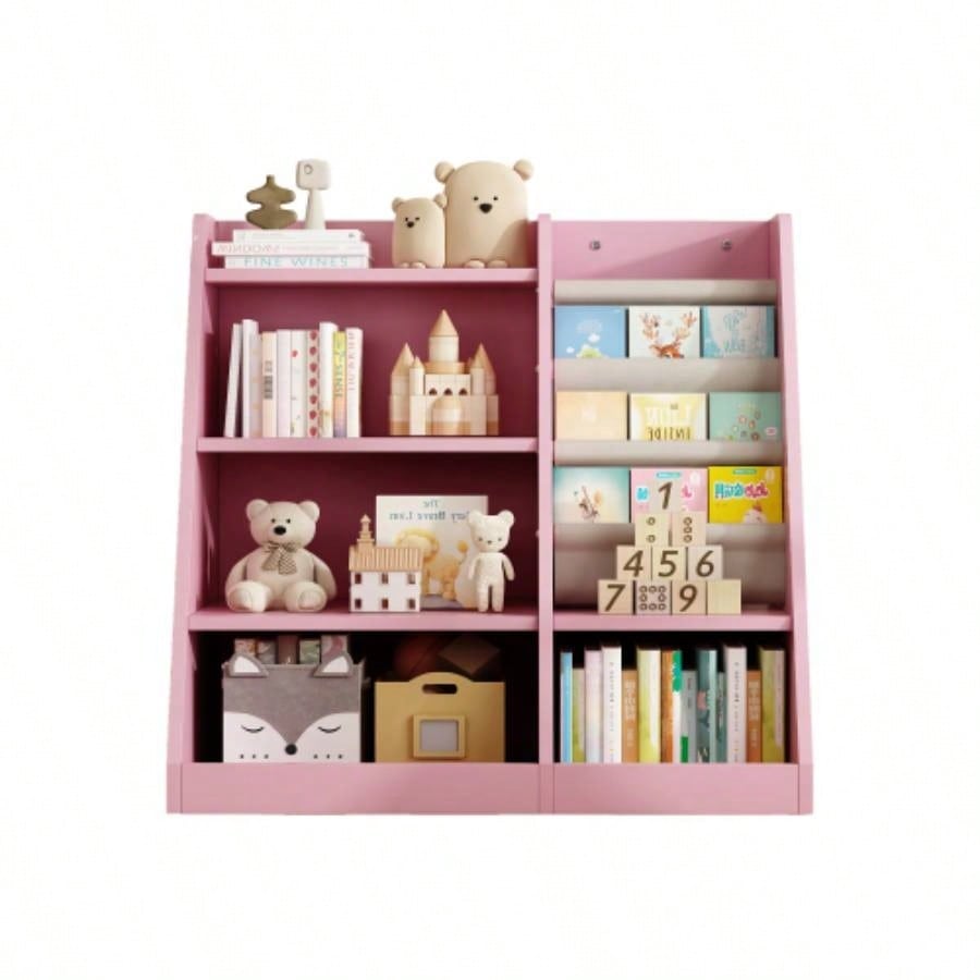 Pink Wooden Toy Storage Organizer Cabinet Kids Bookshelf Children Bookcase Toddler Sling Book Rack Shelf Playroom Bedroom Nursery Hallway School Kindergarten Living Room