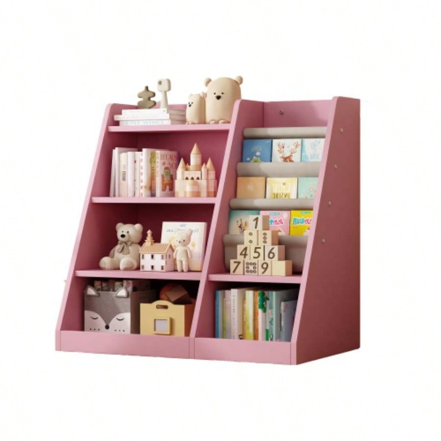 Pink Wooden Toy Storage Organizer Cabinet Kids Bookshelf Children Bookcase Toddler Sling Book Rack Shelf Playroom Bedroom Nursery Hallway School Kindergarten Living Room