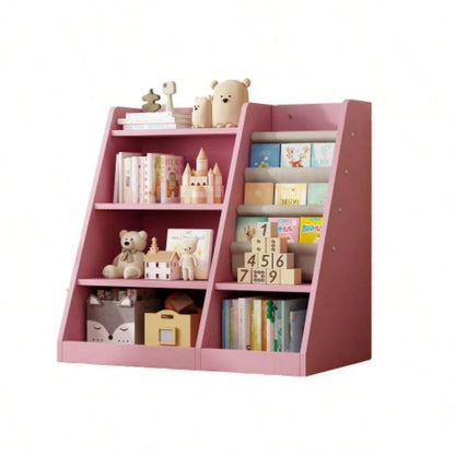 Pink Wooden Toy Storage Organizer Cabinet Kids Bookshelf Children Bookcase Toddler Sling Book Rack Shelf Playroom Bedroom Nursery Hallway School Kindergarten Living Room