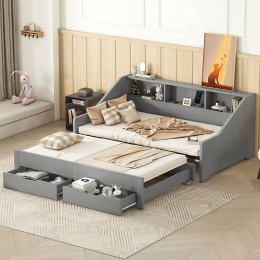 Twin to King Size Daybed Frame with Storage Bookcases and Two Drawers, Charging Design, Gray