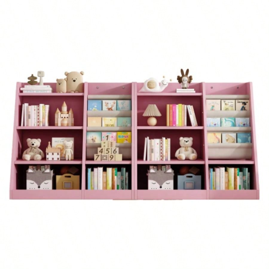 Pink Wooden Toy Storage Organizer Cabinet Kids Bookshelf Children Bookcase Toddler Sling Book Rack Shelf Playroom Bedroom Nursery Hallway School Kindergarten Living Room