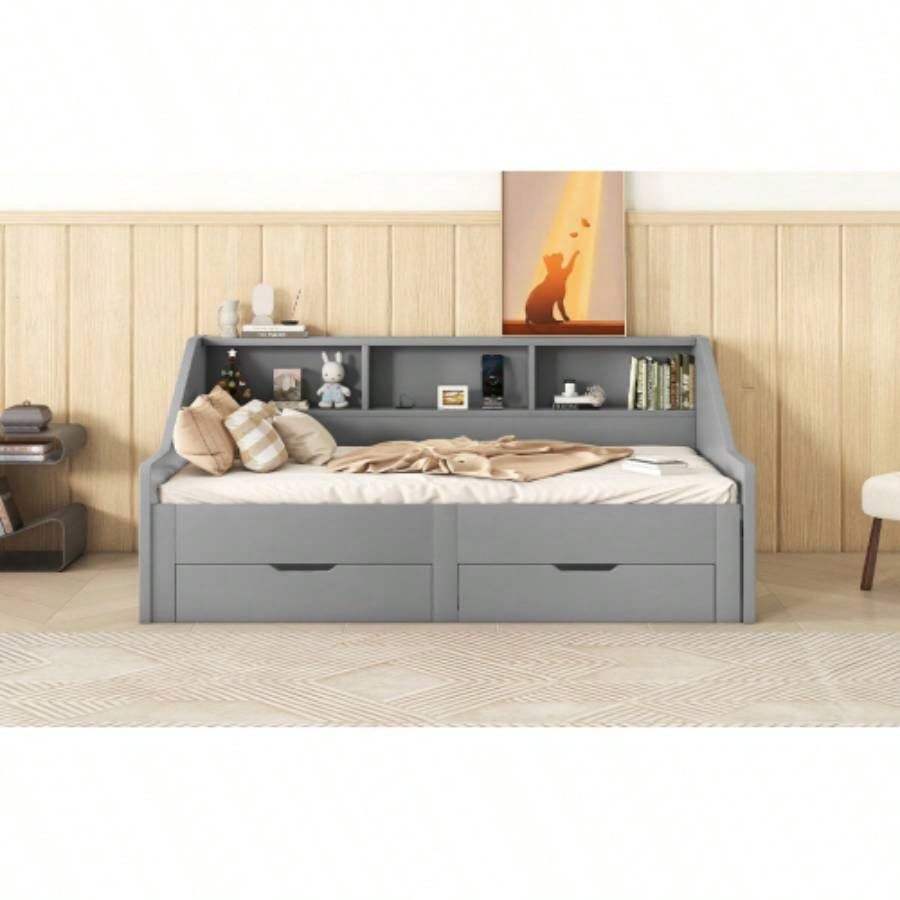 Twin to King Size Daybed Frame with Storage Bookcases and Two Drawers, Charging Design, Gray