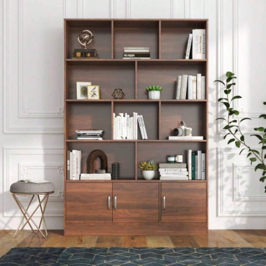 70.87 Tall Bookshelf with 10 Cubes and 3 Doors, 4 - Tier Bookshelf, Open Shelf Bookcase with Cabinet, Modern Cube Storage Organizer Living Room, and Office