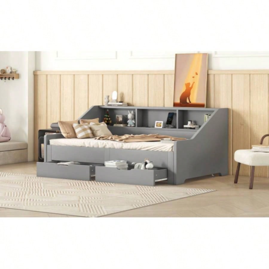 Twin to King Size Daybed Frame with Storage Bookcases and Two Drawers, Charging Design, Gray