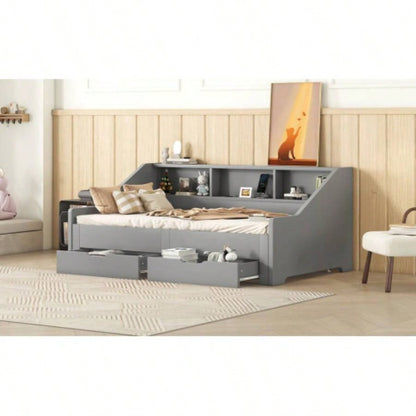 Twin to King Size Daybed Frame with Storage Bookcases and Two Drawers, Charging Design, Gray
