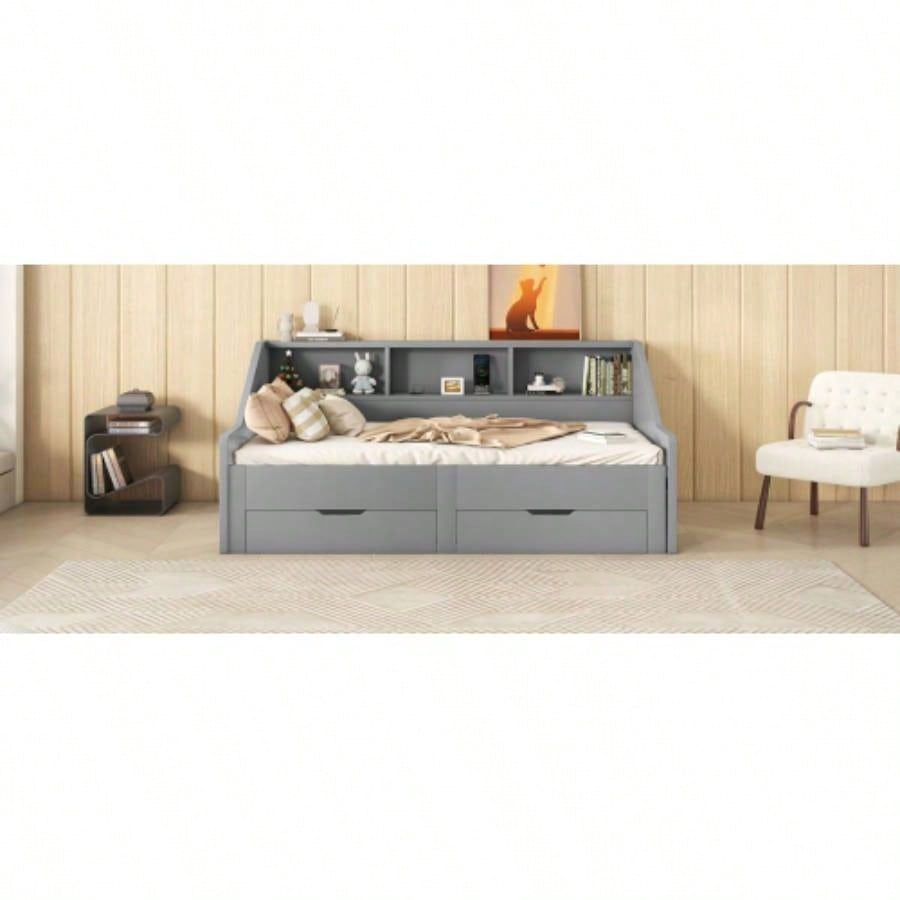 Twin to King Size Daybed Frame with Storage Bookcases and Two Drawers, Charging Design, Gray
