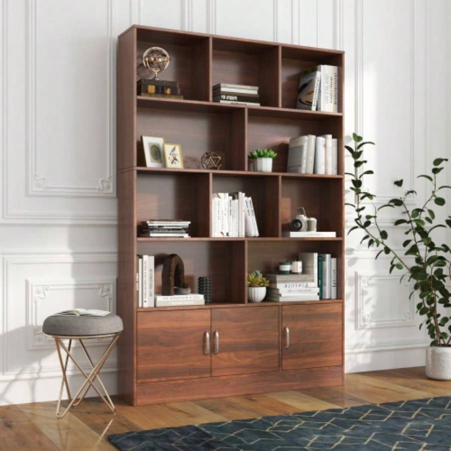 70.87 Tall Bookshelf with 10 Cubes and 3 Doors, 4 - Tier Bookshelf, Open Shelf Bookcase with Cabinet, Modern Cube Storage Organizer Living Room, and Office