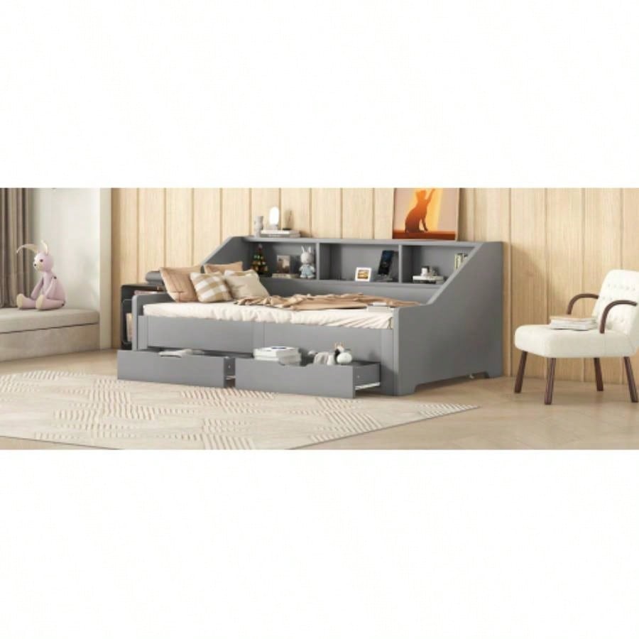 Twin to King Size Daybed Frame with Storage Bookcases and Two Drawers, Charging Design, Gray