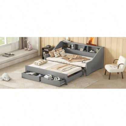 Twin to King Size Daybed Frame with Storage Bookcases and Two Drawers, Charging Design, Gray