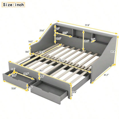 Twin to King Size Daybed Frame with Storage Bookcases and Two Drawers, Charging Design, Gray