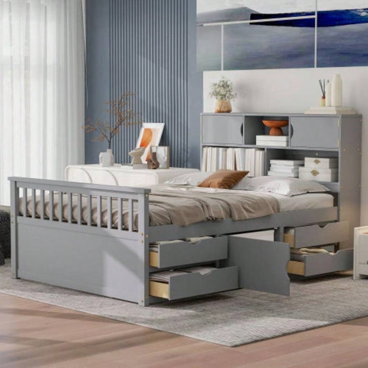 Full Size Captain Platform Bed Frame with Storage Bookcases and Shelves, Four Drawers, Gray