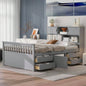 Full Size Captain Platform Bed Frame with Storage Bookcases and Shelves, Four Drawers, Gray