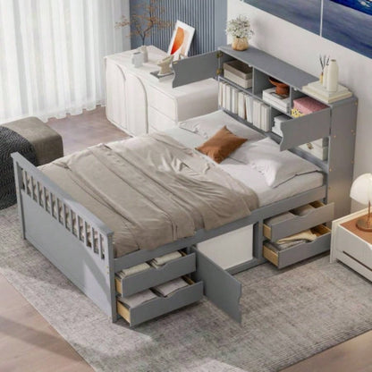 Full Size Captain Platform Bed Frame with Storage Bookcases and Shelves, Four Drawers, Gray